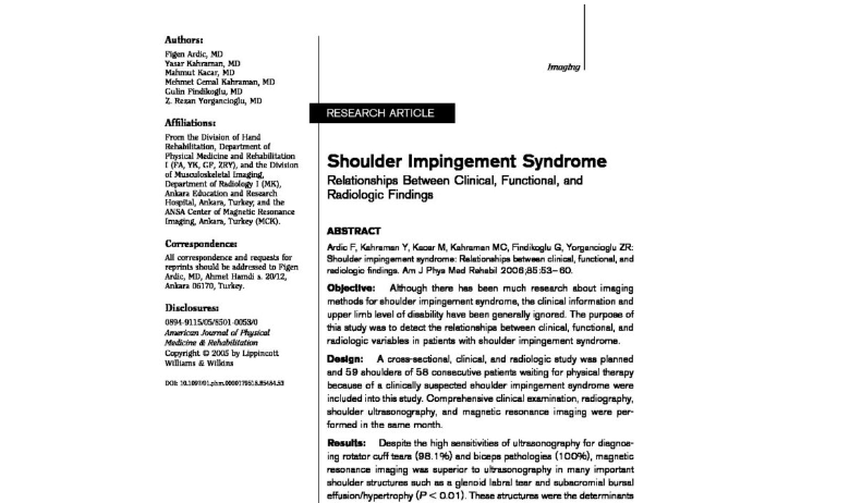 Shoulder Impingement Syndrome And Relationships Between Clinical Functional And Radiologic