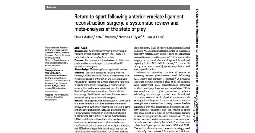 Return To Sport Following Anterior Cruciate Ligament Reconstruction ...